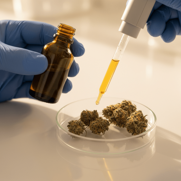 Manipulation précise d'échantillon CBD avec pipette en laboratoire accrédité pour analyse de contaminants